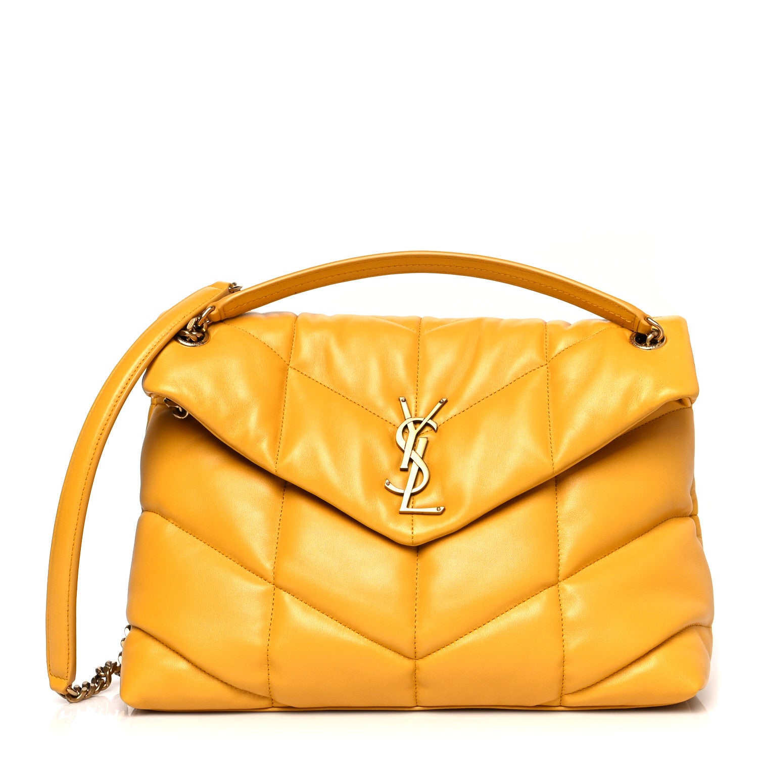 Saint Laurent Lambskin Quilted Medium Loulou Puffer Monogram Chain Satchel Saffran 1 of 9