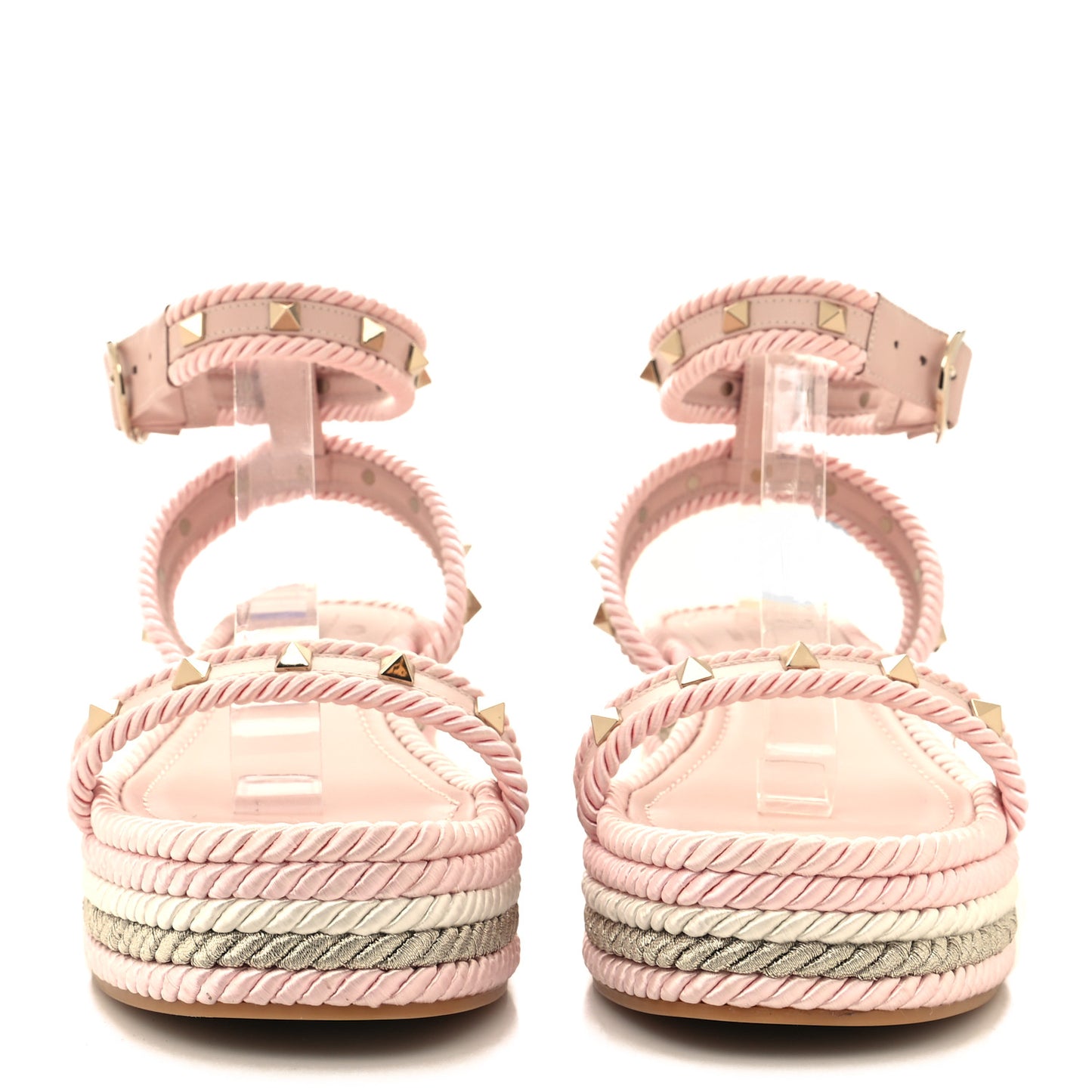 Calfskin Rockstud Rope Espadrille Wedge Sandals 41 Pink