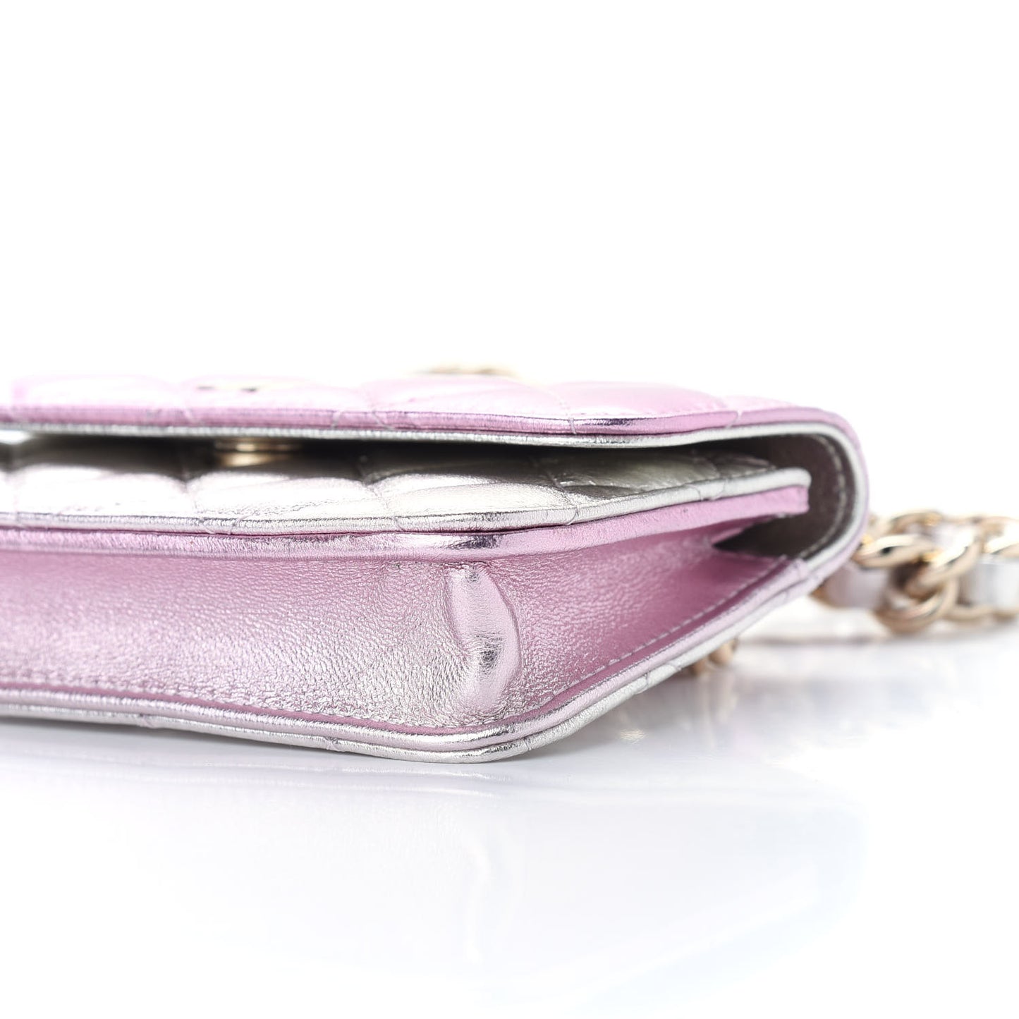 Gradient Metallic Lambskin Quilted Clutch With Chain Gold Pink