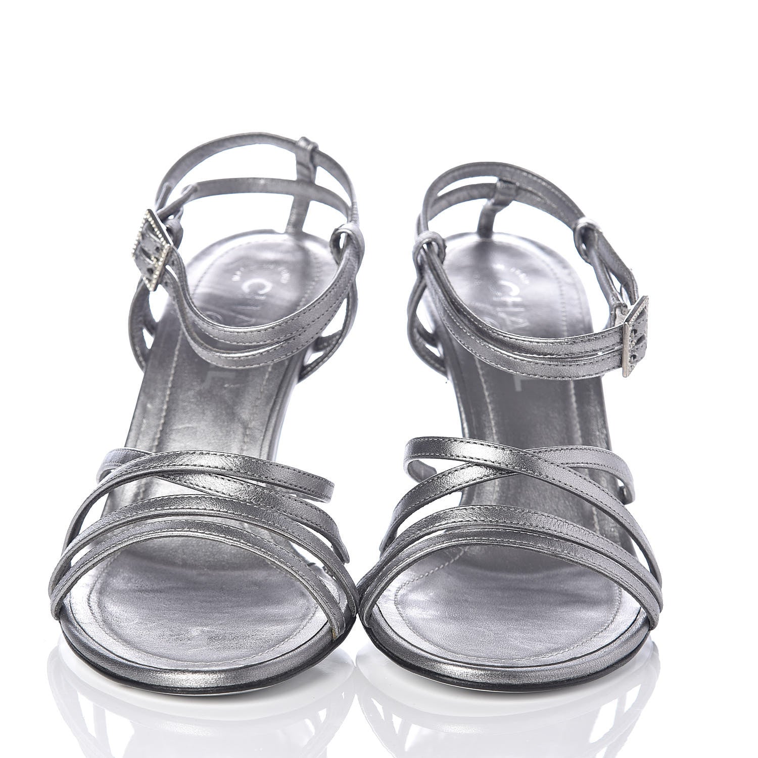 Chanel Metallic Lambskin Strappy Sandals 37.5 Silver 2 of 7