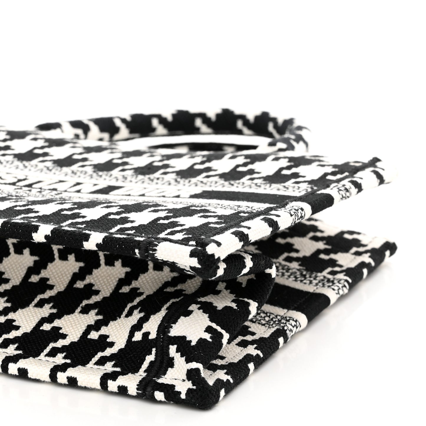 Canvas Houndstooth Embroidered Small Book Tote Black White