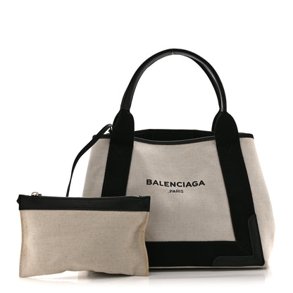 Balenciaga Cotton Canvas Satin Calfskin S Navy Cabas Natural Black 3 of 11