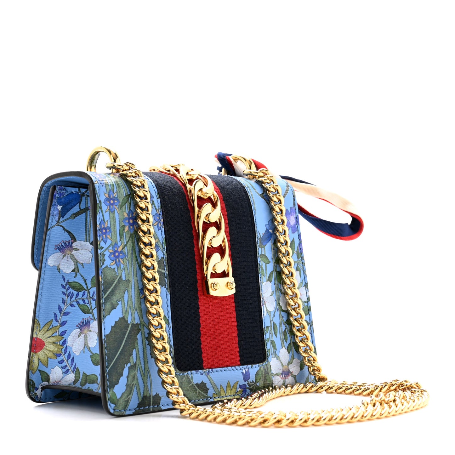 Shangai Calfskin Web New Flora Mini Sylvie Chain Shoulder Bag Azure