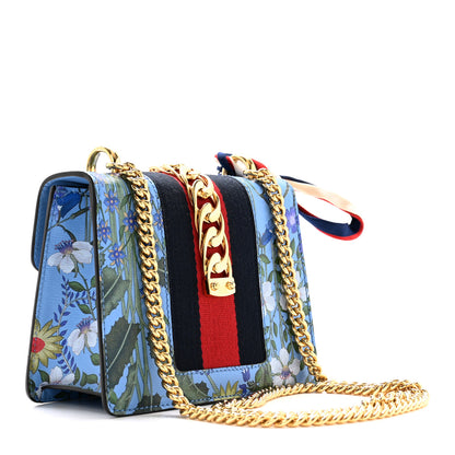 Gucci Shangai Calfskin Web New Flora Mini Sylvie Chain Shoulder Bag Azure 3 of 11