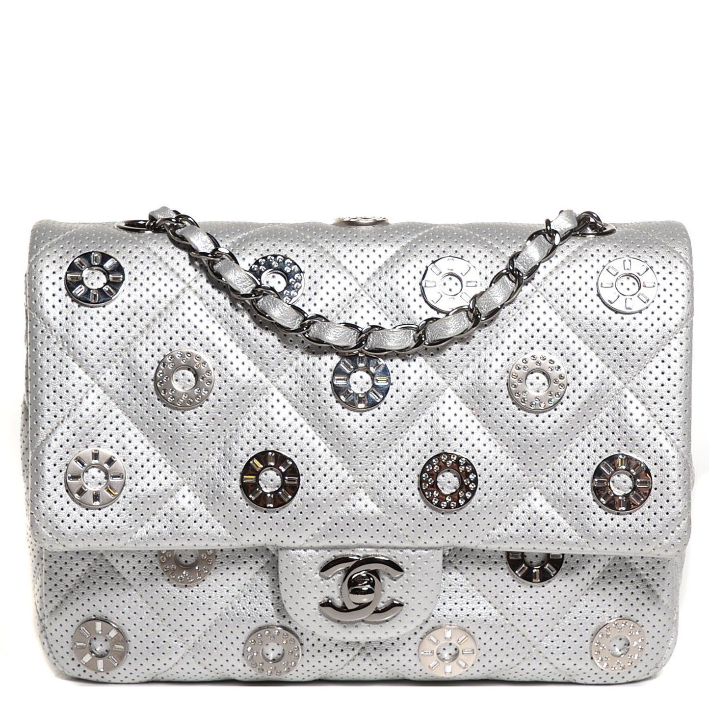 Perforated Metallic Lambskin Small CC Medals Flap Silver