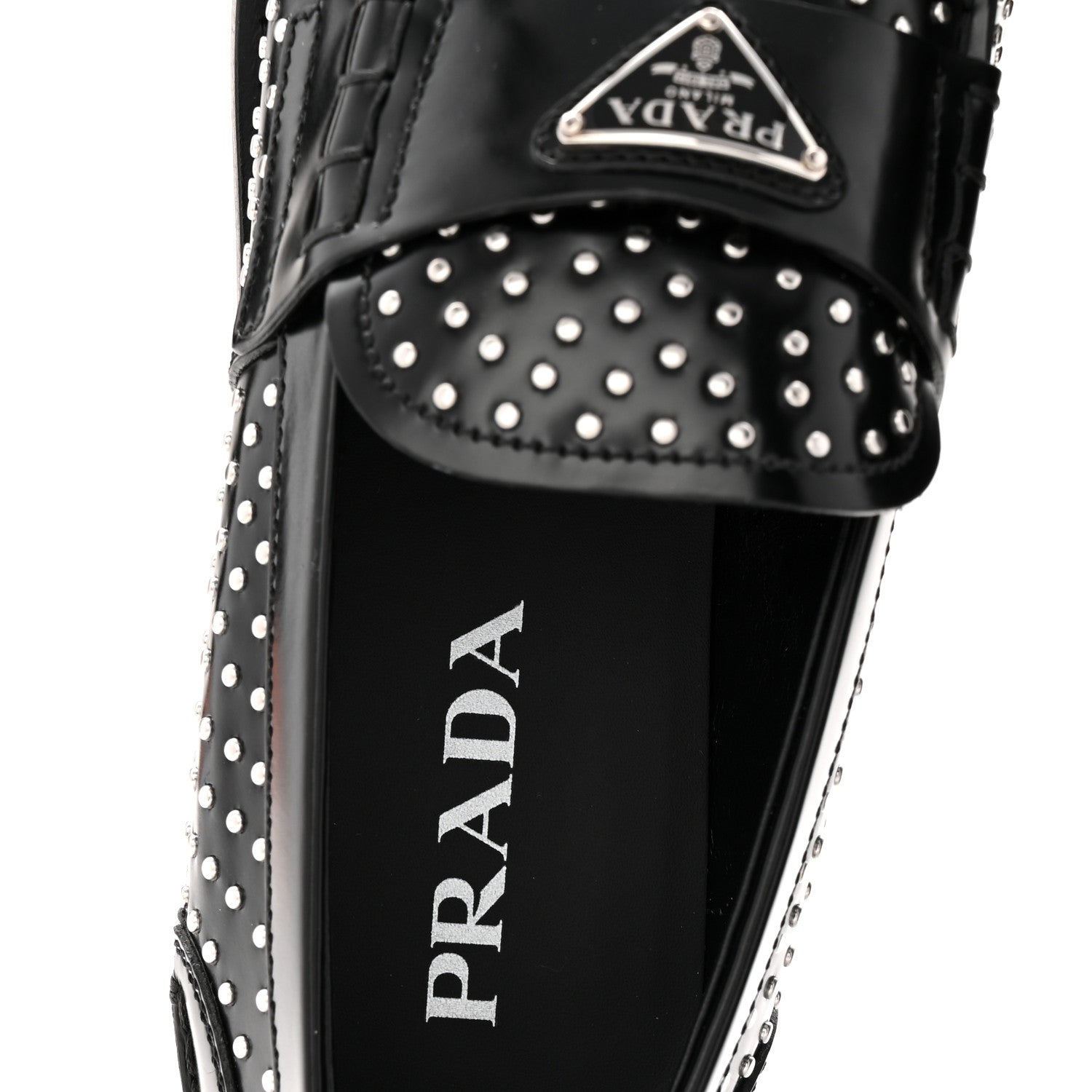 Prada Spazzolato Studded Metal Triangle Logo 20mm Loafers 39 Black 8 of 10