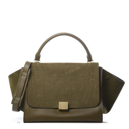 Celine Nubuck Crocodile Embossed Medium Trapeze Olive 1 of 13