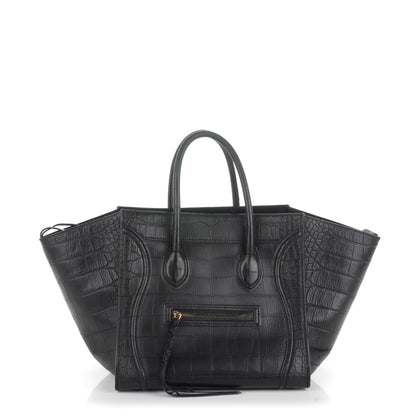 Celine Crocodile Embossed Calfskin Medium Phantom Luggage Black 1 of 8