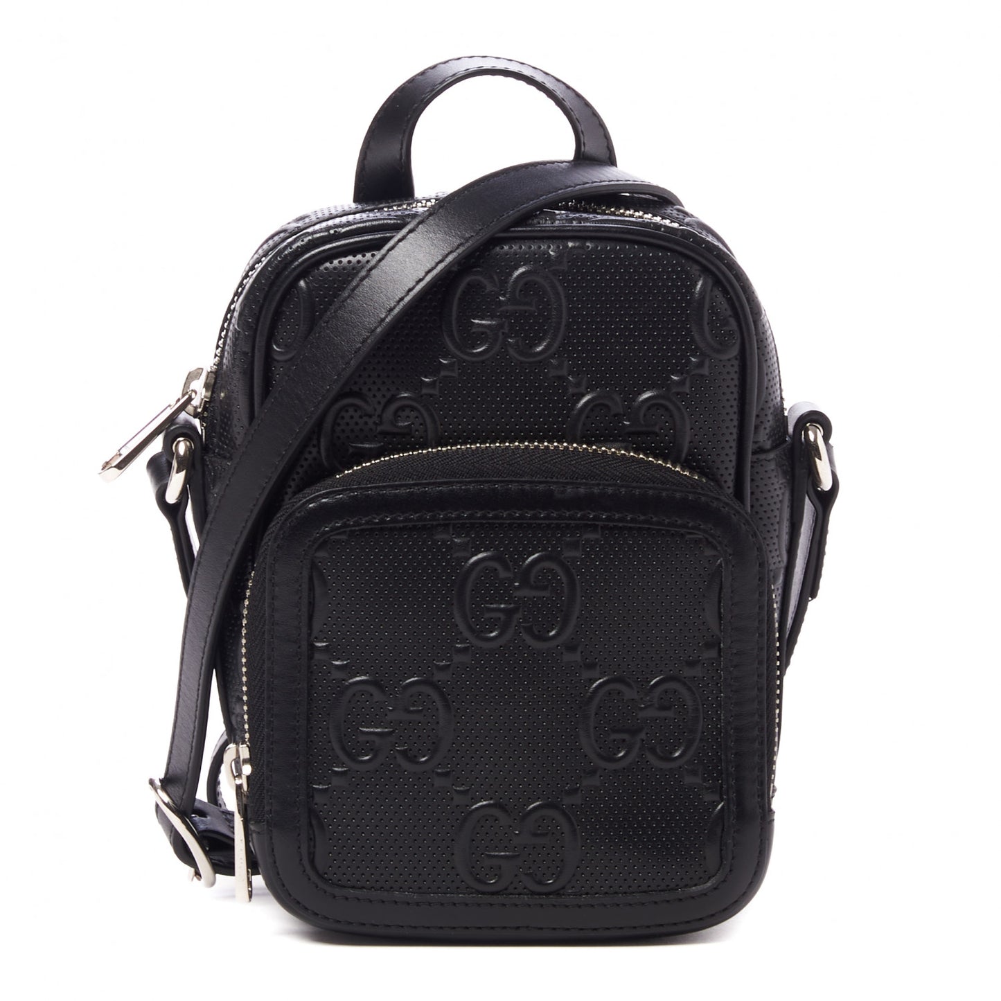 Calfskin GG Tennis Embossed Mini Double Zip Messenger Bag Black