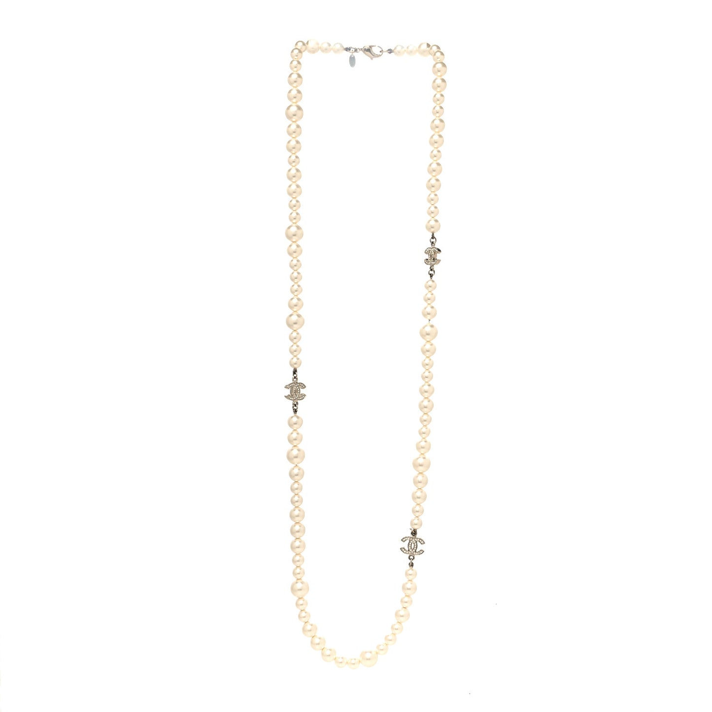 Graduated Pearl Crystal CC Long Necklace White
