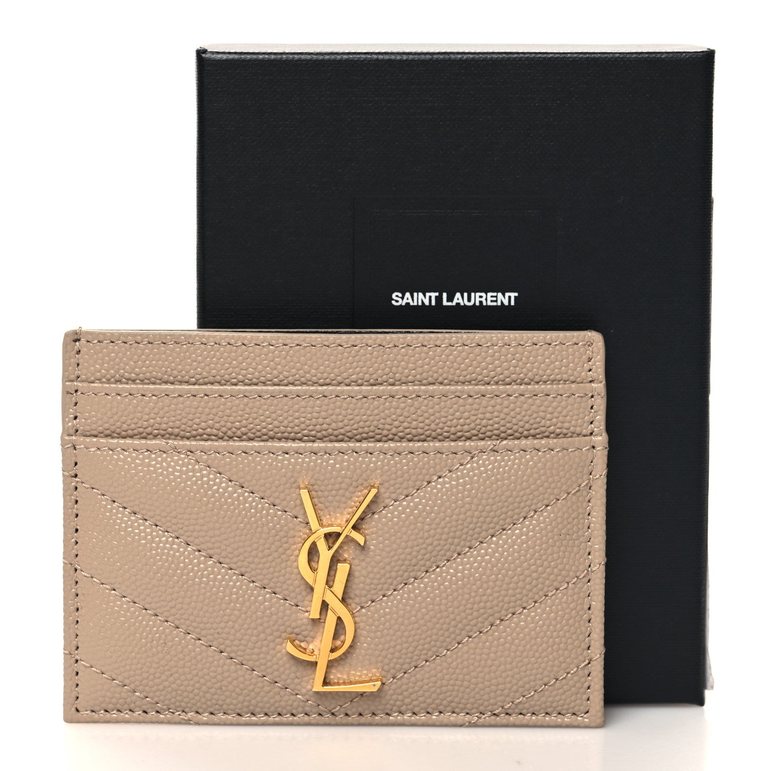 Saint Laurent Grain De Poudre Matelasse Chevron Monogram Credit Card Case Dark Beige 8 of 8