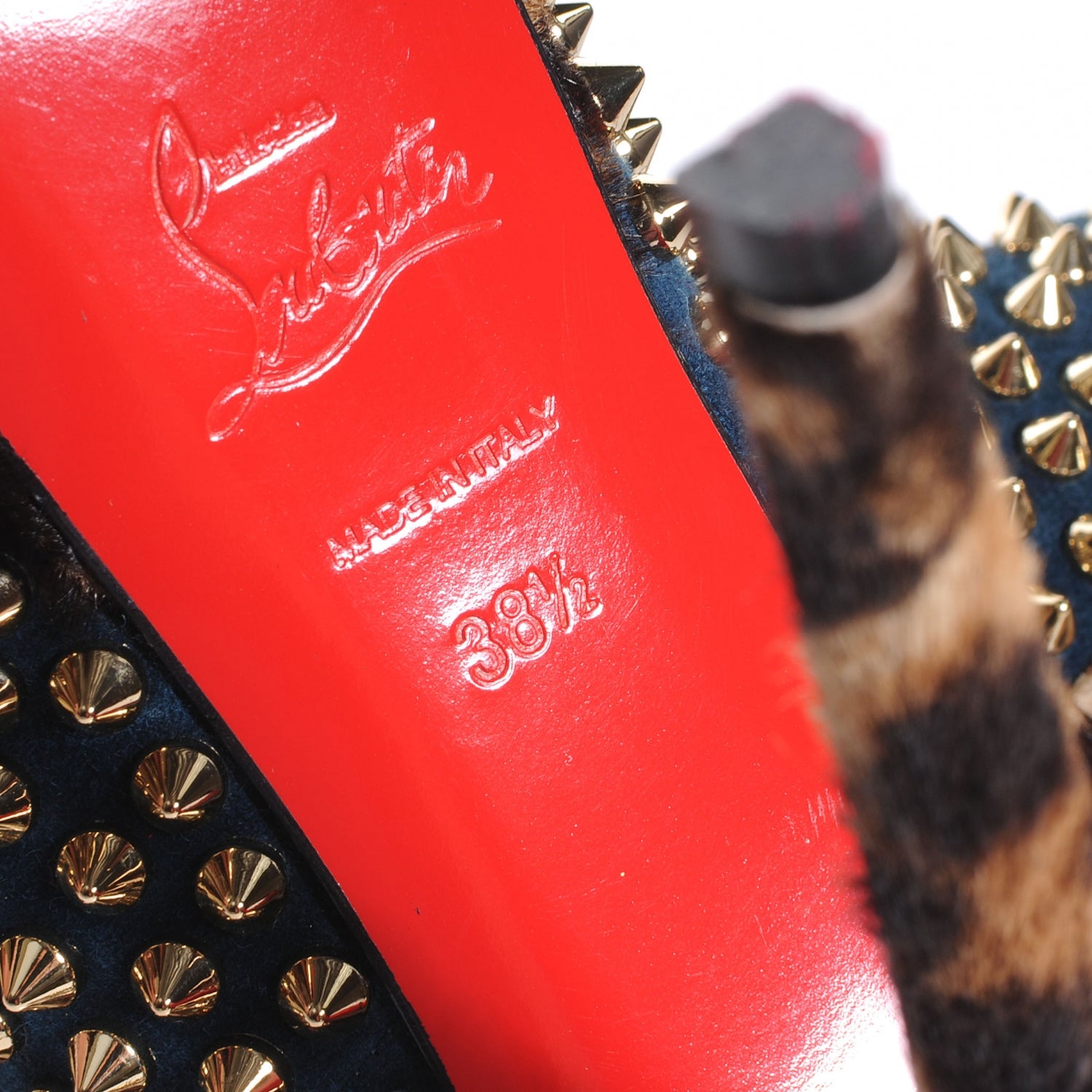 Christian Louboutin Veau Velours Calf Hair Leopard Lady Peep Spikes VIP 150 Pumps 38.5 Blue Khol Bronze 9 of 10