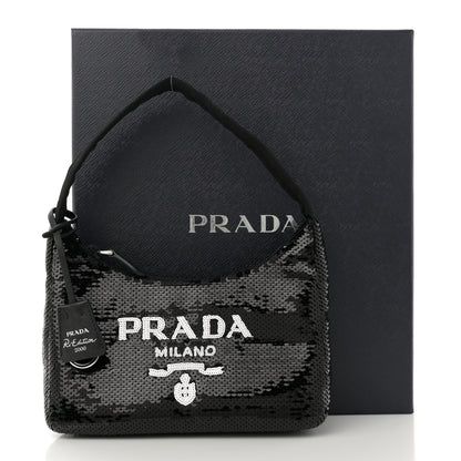 Prada Paillettes Sequin Mini Re-Edition 2000 Bag Black White 11 of 11