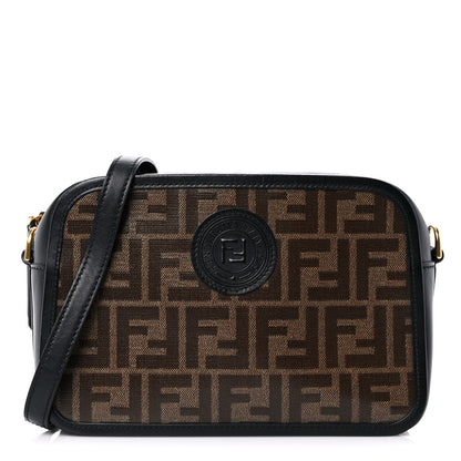 Fendi Glazed Fabric Vitello Century FF 1974 Stamp Patch Camera Case Mogano Panna Black 1 of 12