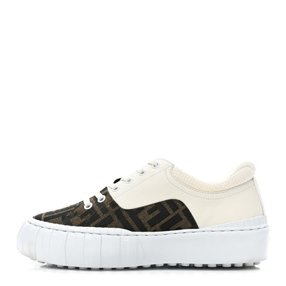 Fendi Fabric Jacquard Vitello Technical Fabric FF Womens Fendi Force Low Top Sneakers 38 Tobacco Black Ultrawhite White 1 of 11
