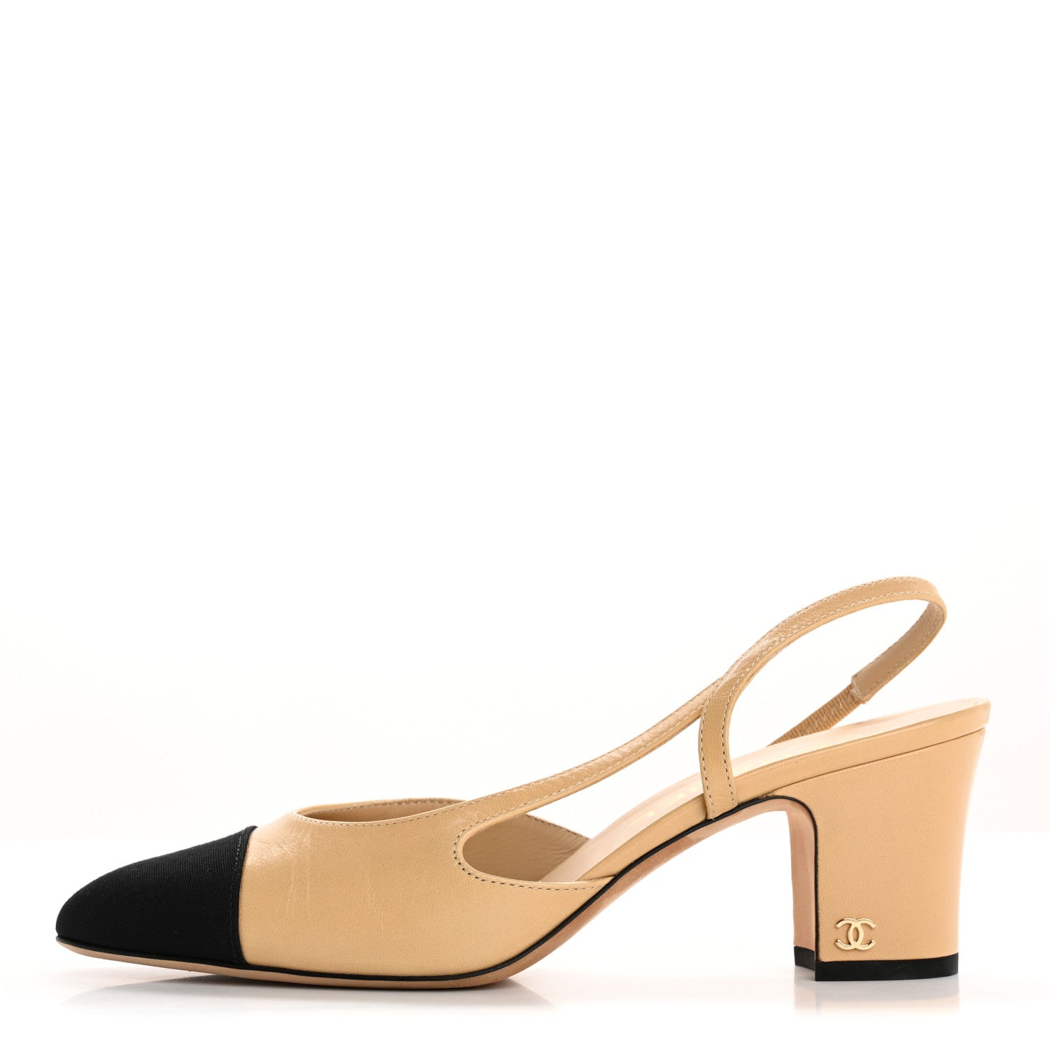 Chanel Goatskin Grosgrain Cap Toe CC Slingback Pumps 38 Beige Black 1 of 12