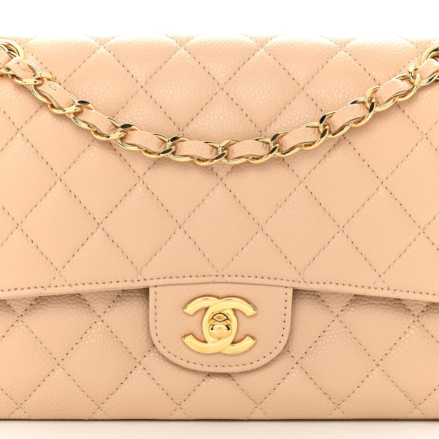 Caviar Quilted Medium Double Flap Beige