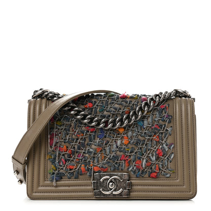 Chanel Calfskin Tweed Medium Boy Flap Dark Beige 1 of 12