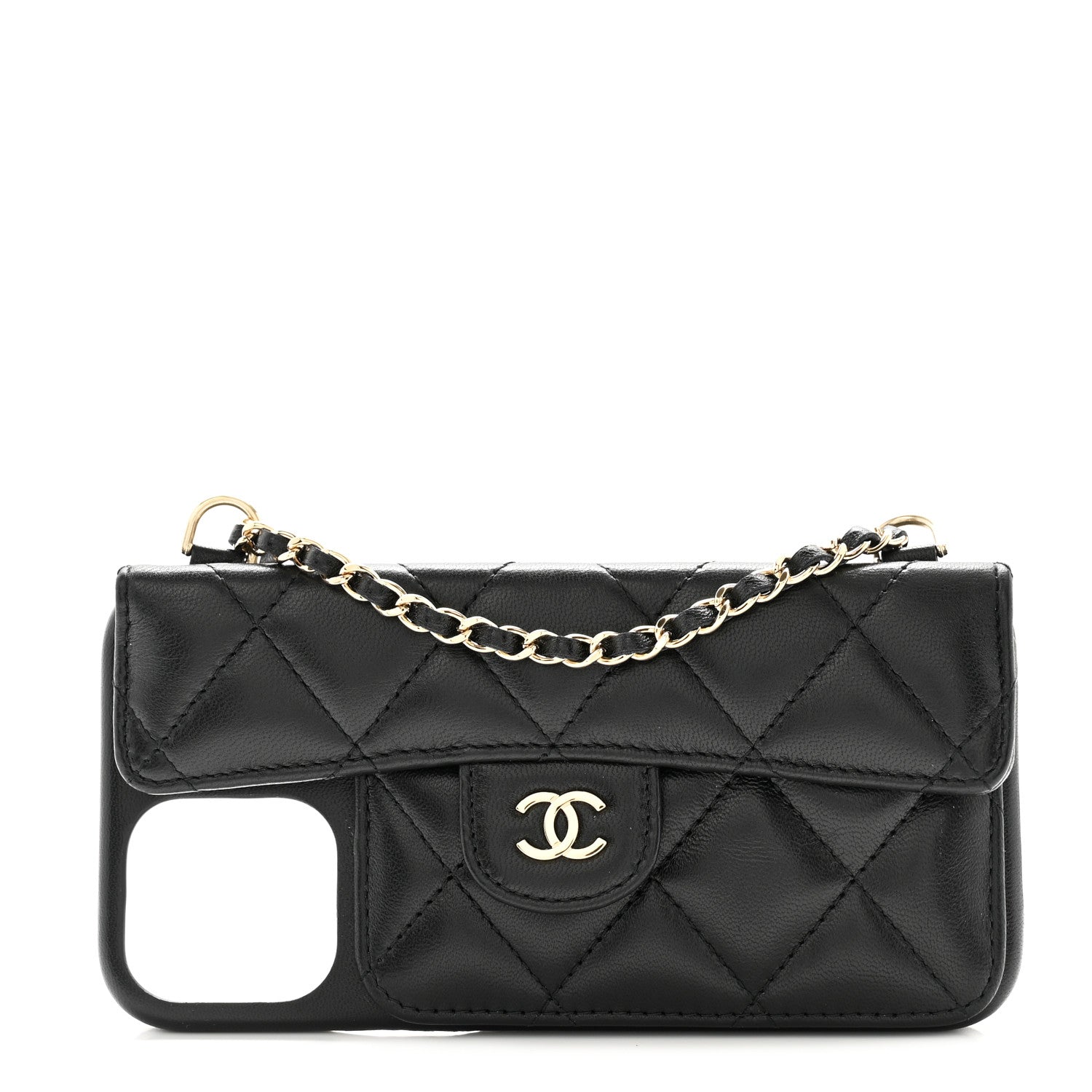 Chanel Lambskin Quilted Pearl Crush iPhone XII Pro Holder With Chain Black 1 of 11