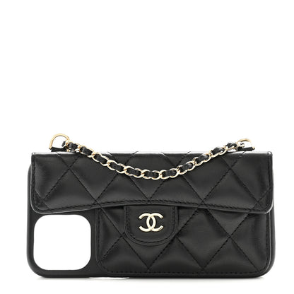 Chanel Lambskin Quilted Pearl Crush iPhone XII Pro Holder With Chain Black 1 of 11