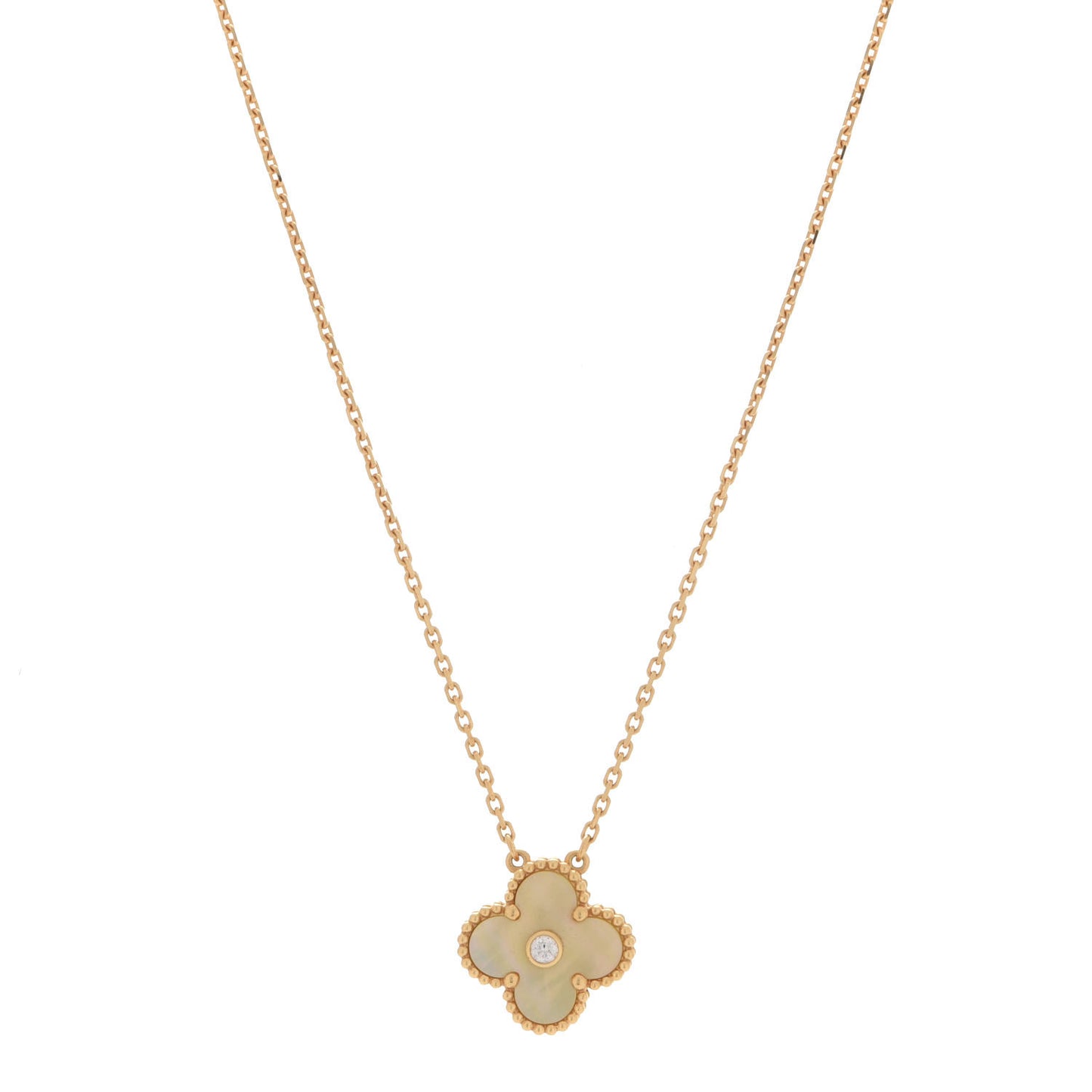 18K Yellow Gold Diamond Yellow Mother of Pearl Vintage Alhambra Pendant Necklace