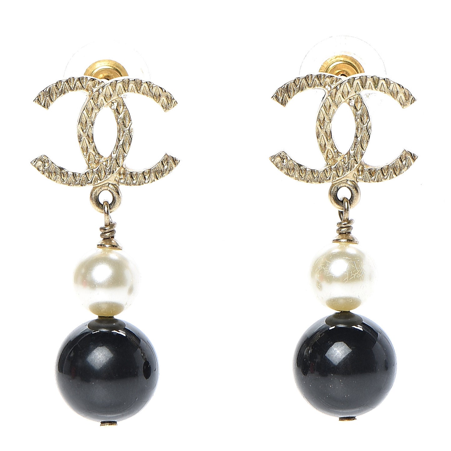Pearl Bead CC Drop Earrings Black Gold