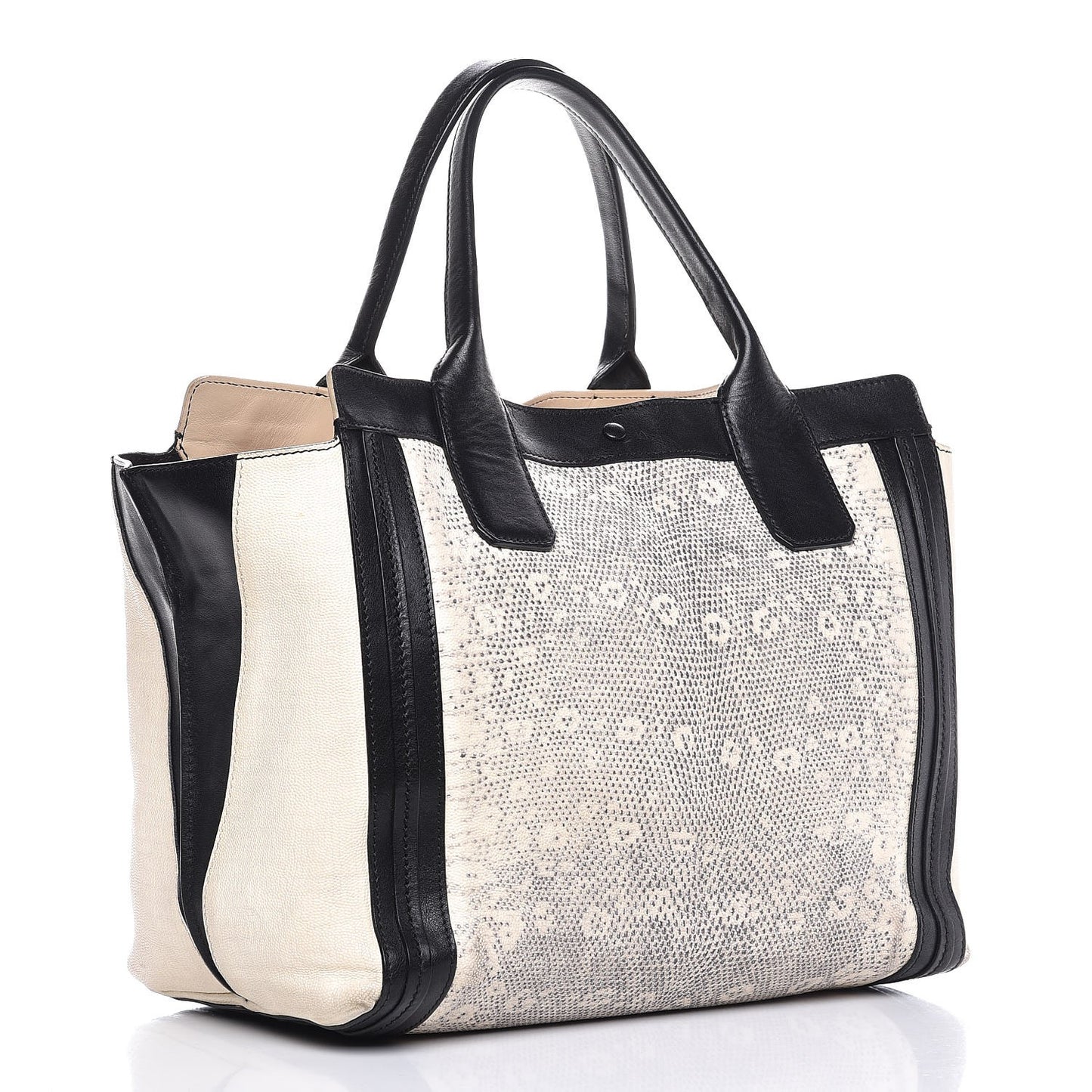 Grained Calfskin Lizard Embossed Mini Alison East West Tote Black White