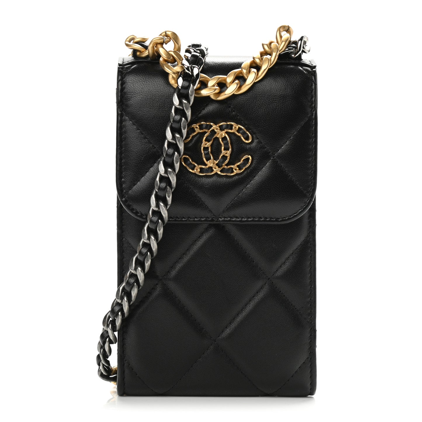 Lambskin Quilted Chanel 19 Phone Holder With Chain Black