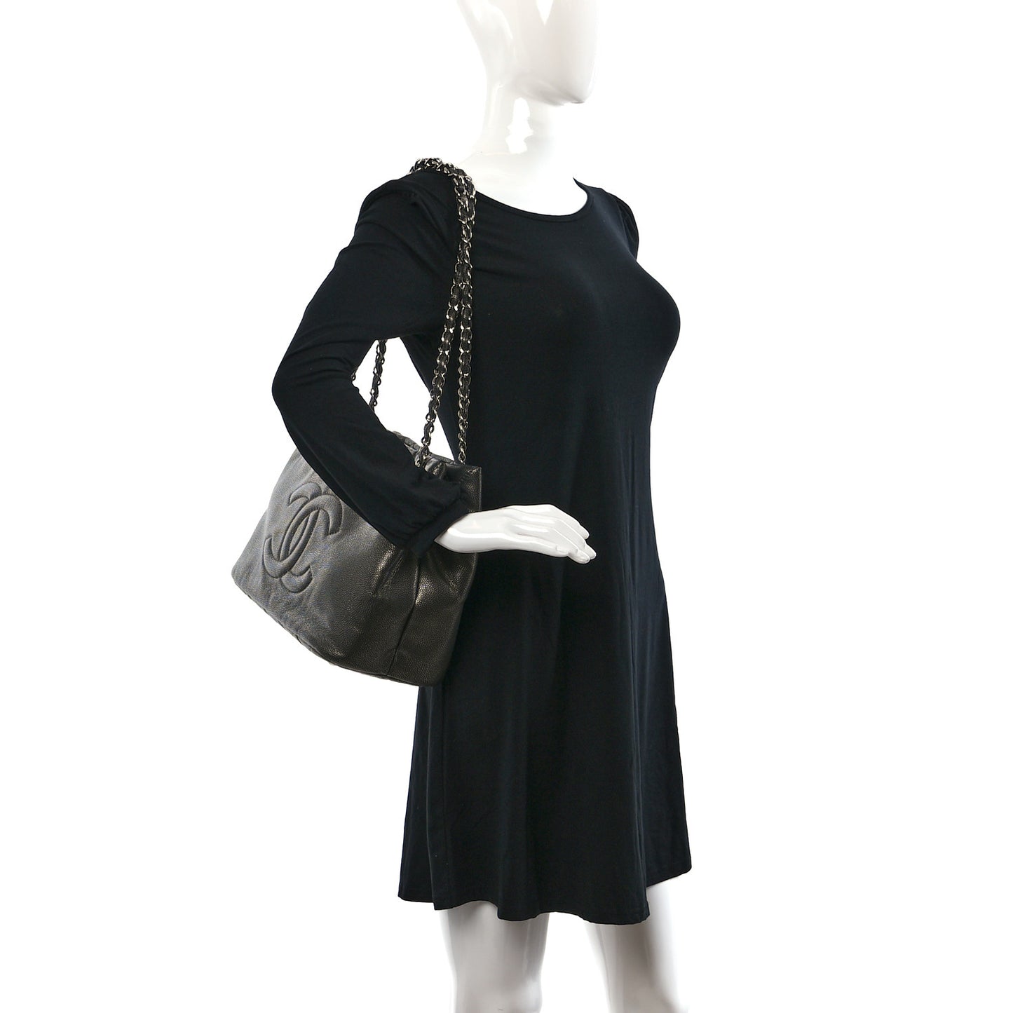 Metallic Caviar Quilted CC Timeless Tote Dark Silver