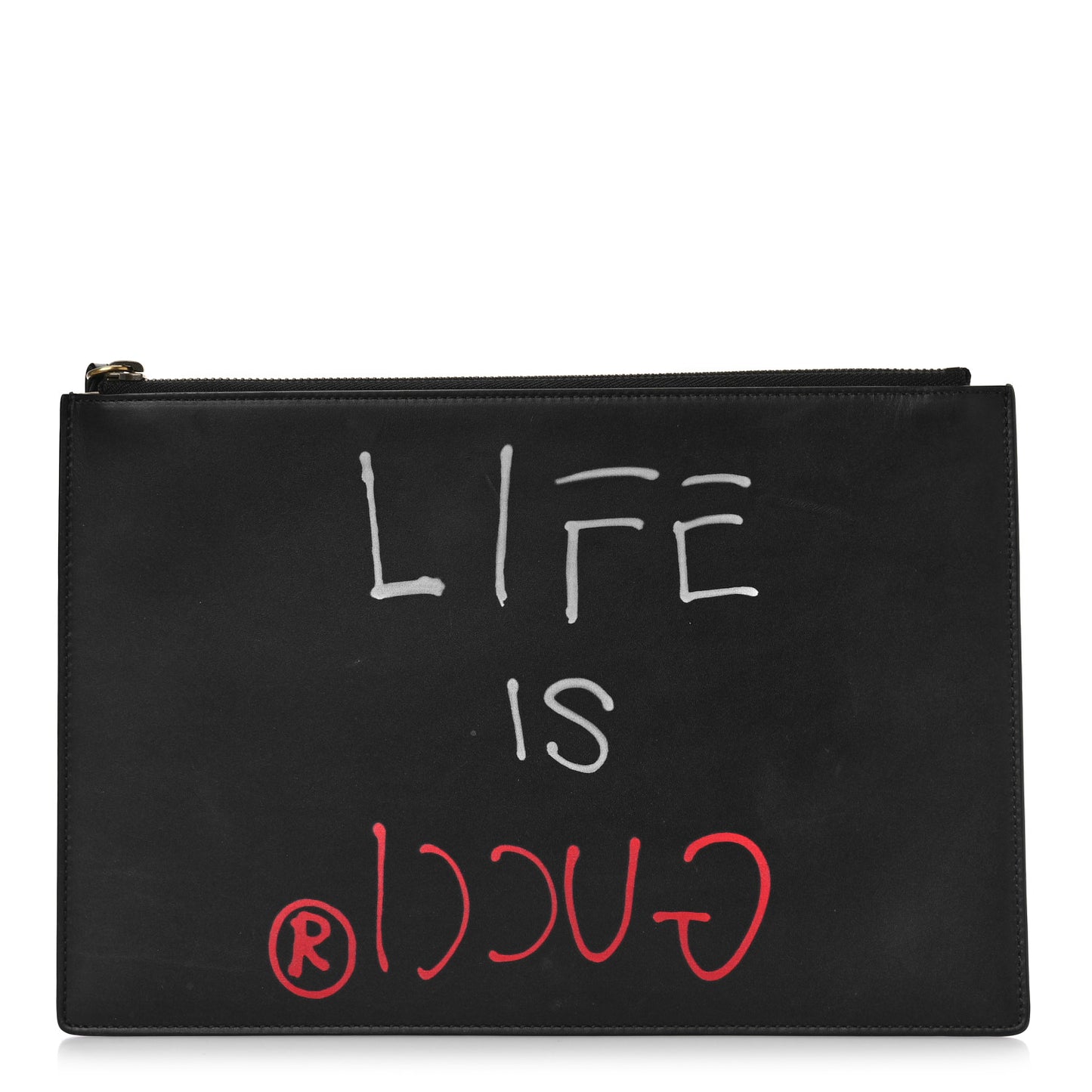 Calfskin GucciGhost Life is Gucci Zip Pouch Black