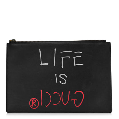 Gucci Calfskin GucciGhost Life is Gucci Zip Pouch Black 1 of 10