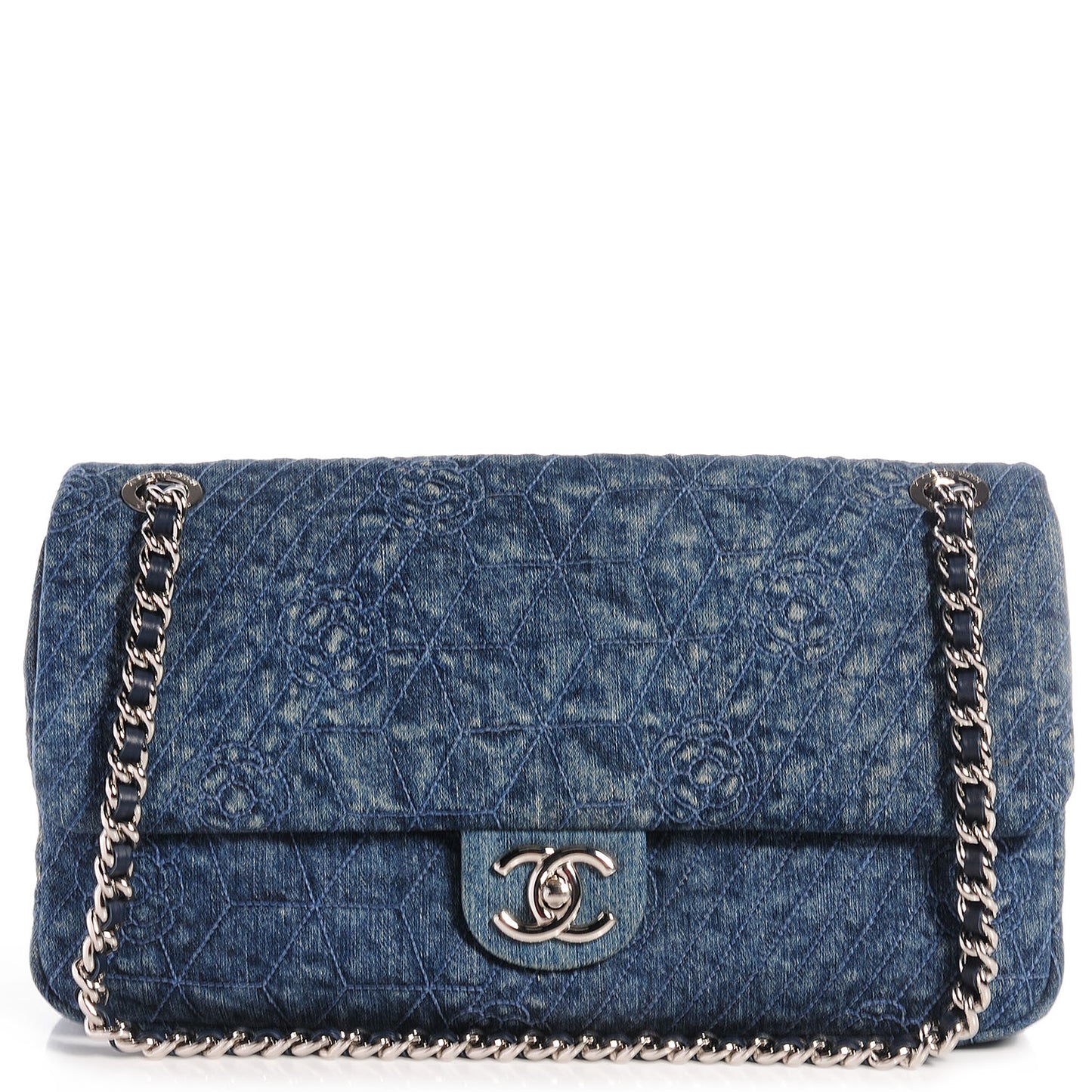 Denim Camellia Embroidered Large Flap Dark Blue