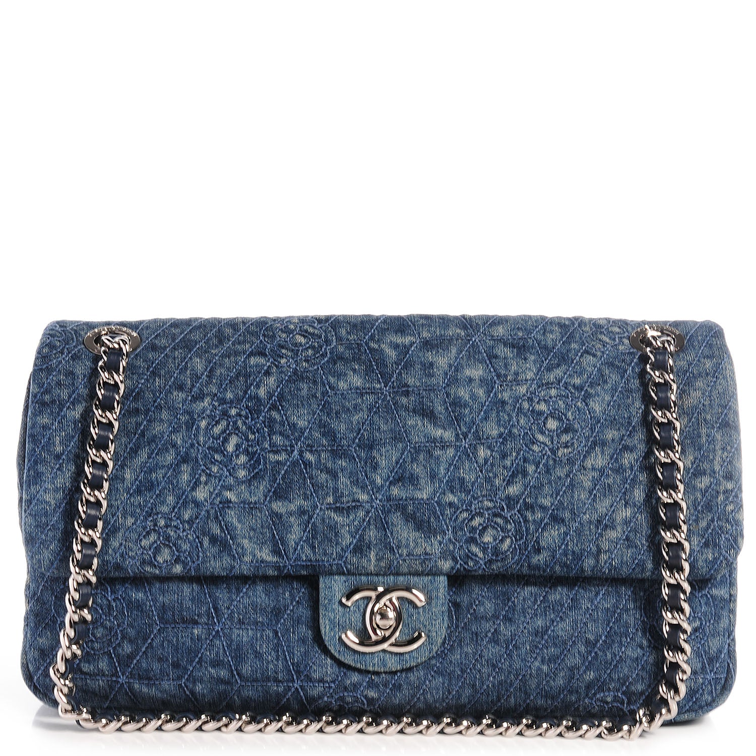 Chanel Denim Camellia Embroidered Large Flap Dark Blue 1 of 9
