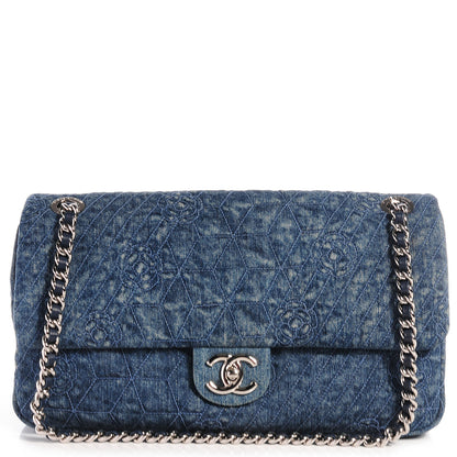 Chanel Denim Camellia Embroidered Large Flap Dark Blue 1 of 9