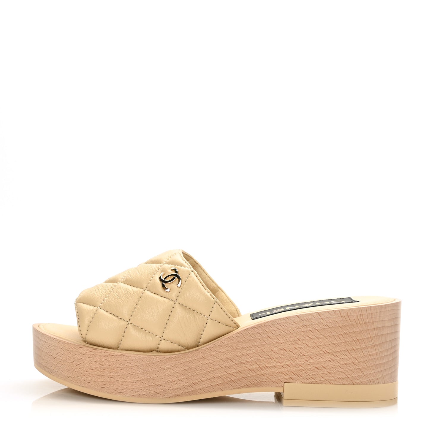 Lambskin Quilted CC Slip On Platform Sandals 39 Beige