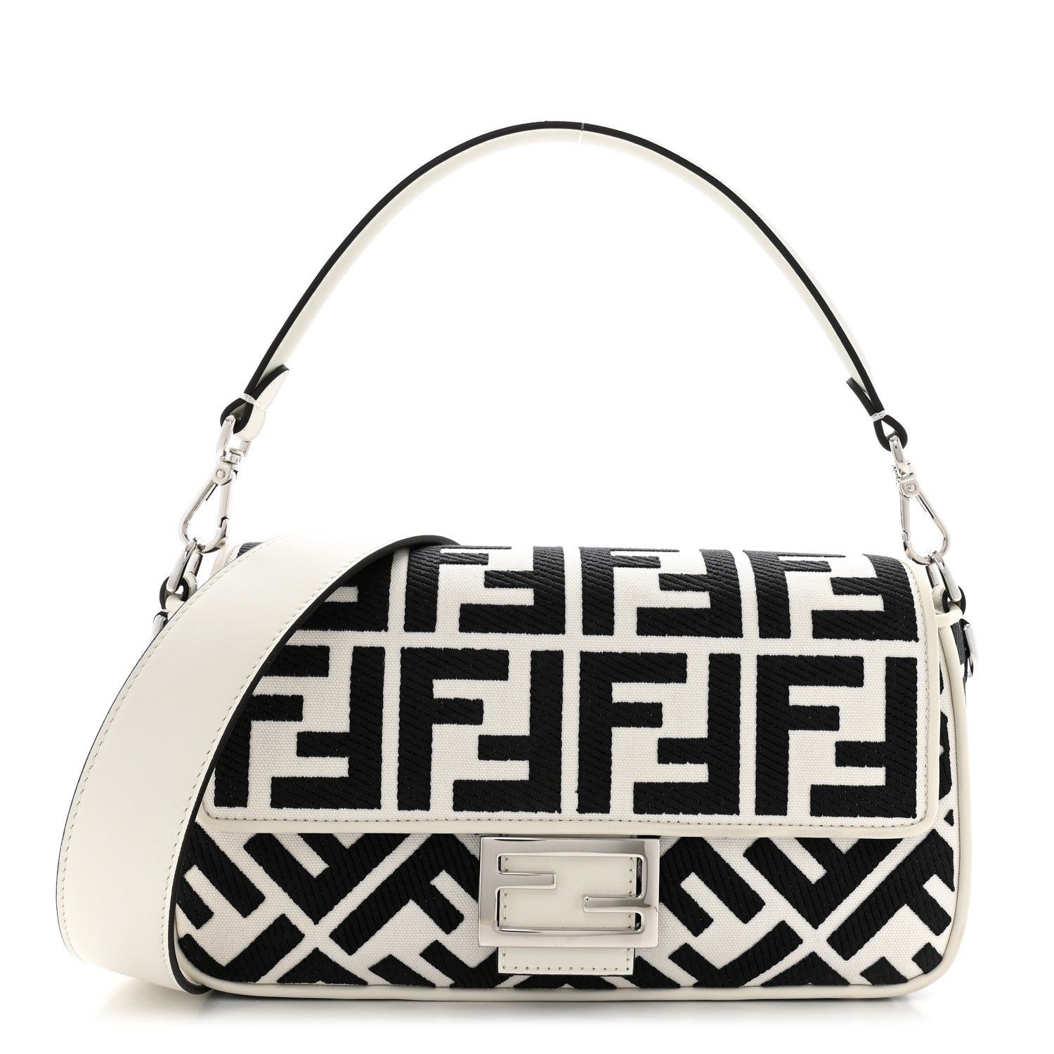 Fendi Canvas Vitello King FF Embroidered Baguette White Black 1 of 11