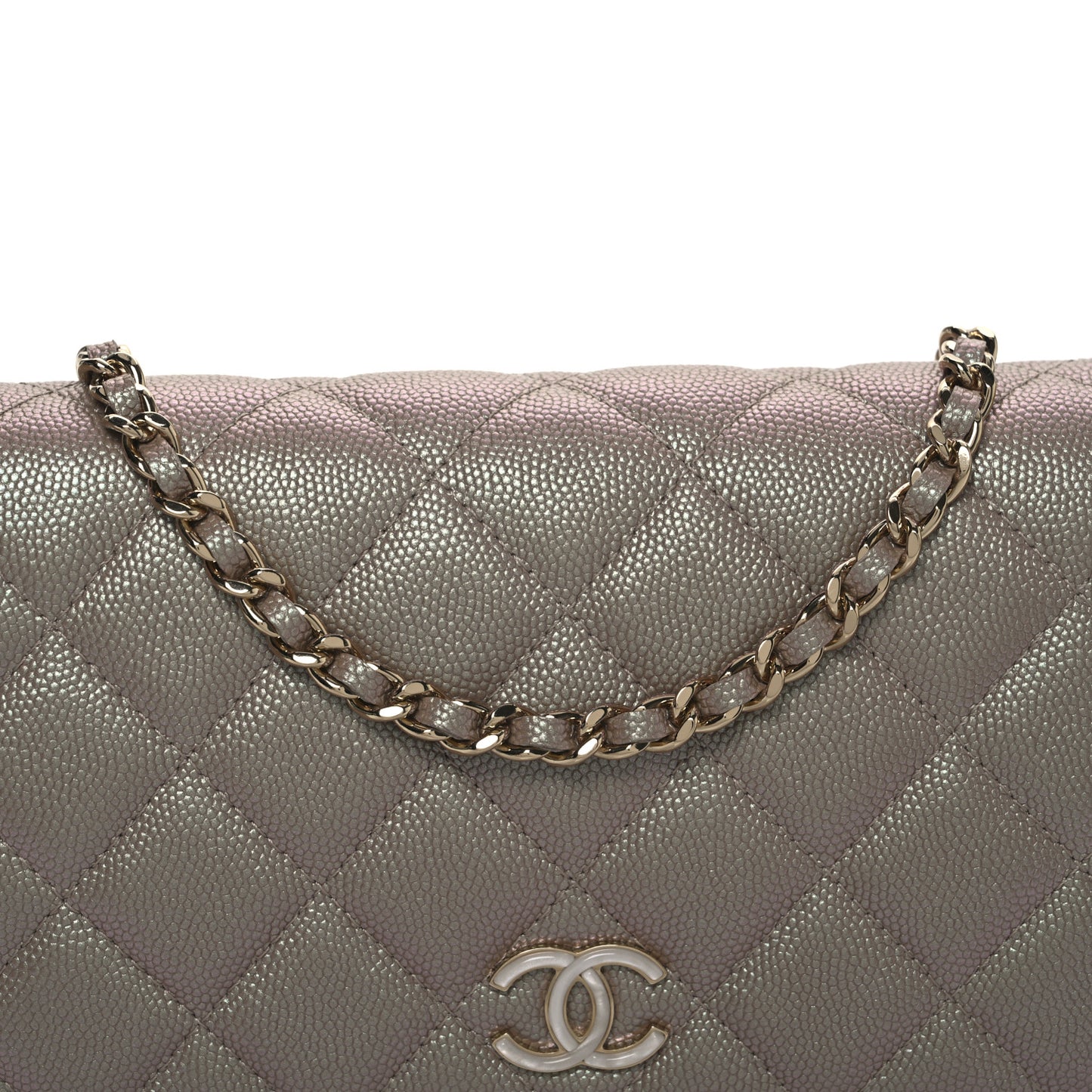 Iridescent Caviar Quilted Wallet on Chain WOC Beige