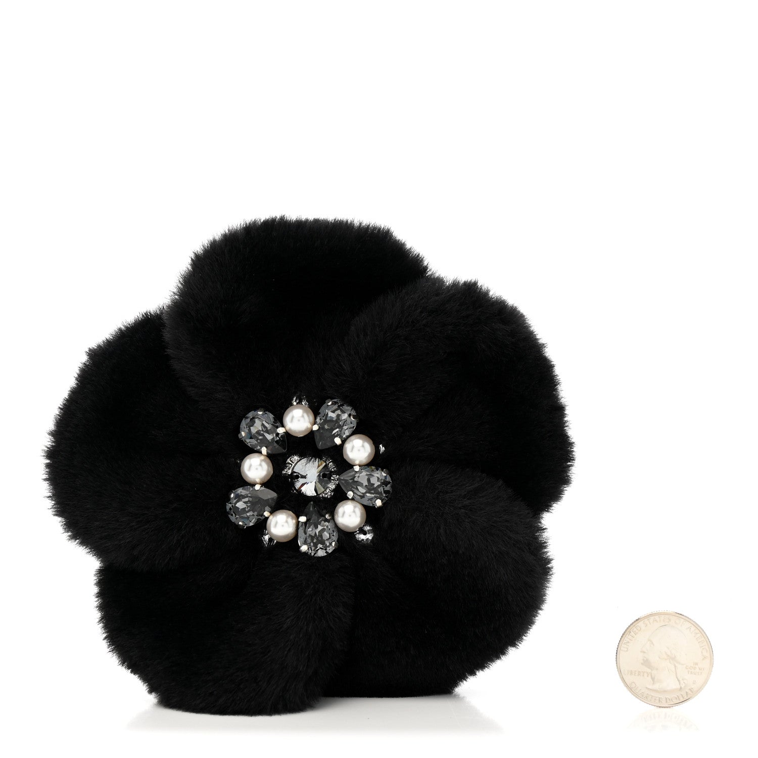 Chanel Faux Fur Strass Camellia Brooch Black 2 of 5