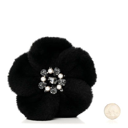 Chanel Faux Fur Strass Camellia Brooch Black 2 of 5