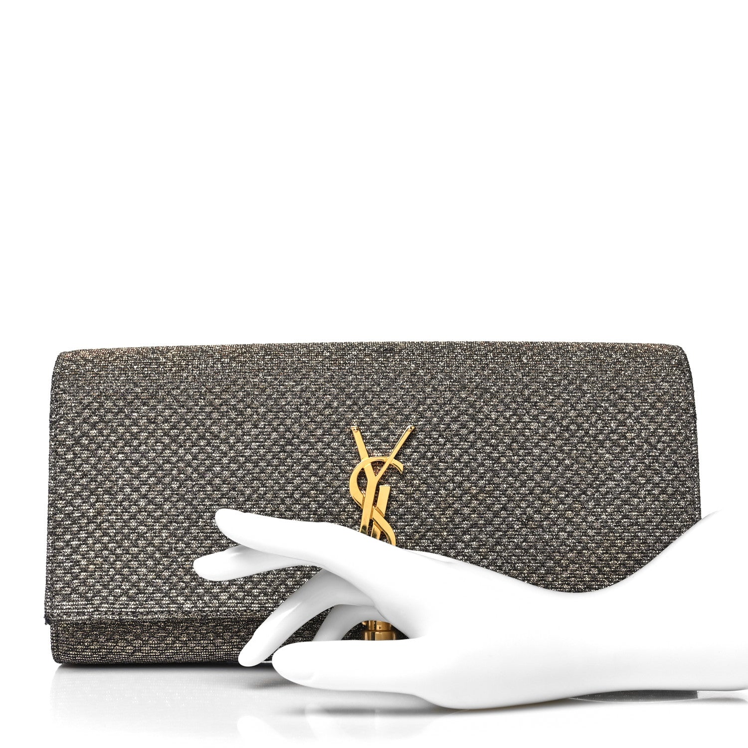 Saint Laurent Metallic Canvas Woven Classic Monogram Kate Tassel Clutch Ciad Argento 2 of 12