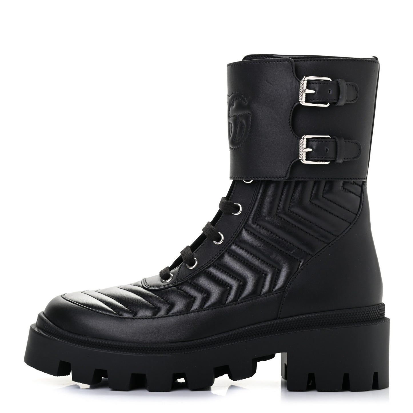 Nappa Frances GG Matelasse Platform Combat Boots 37.5 Black