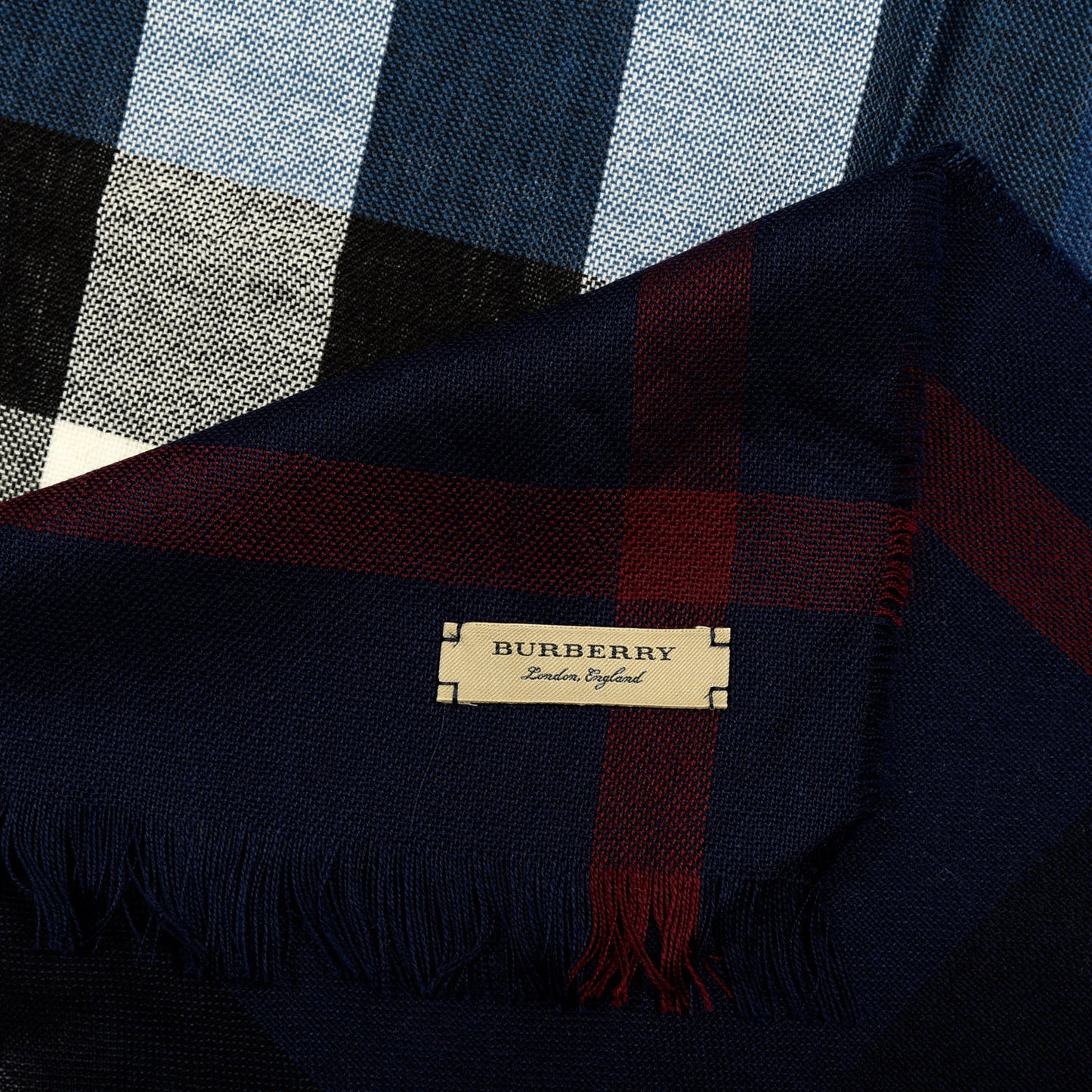 Wool Cashmere Tonal Check Lightweight Scarf Navy