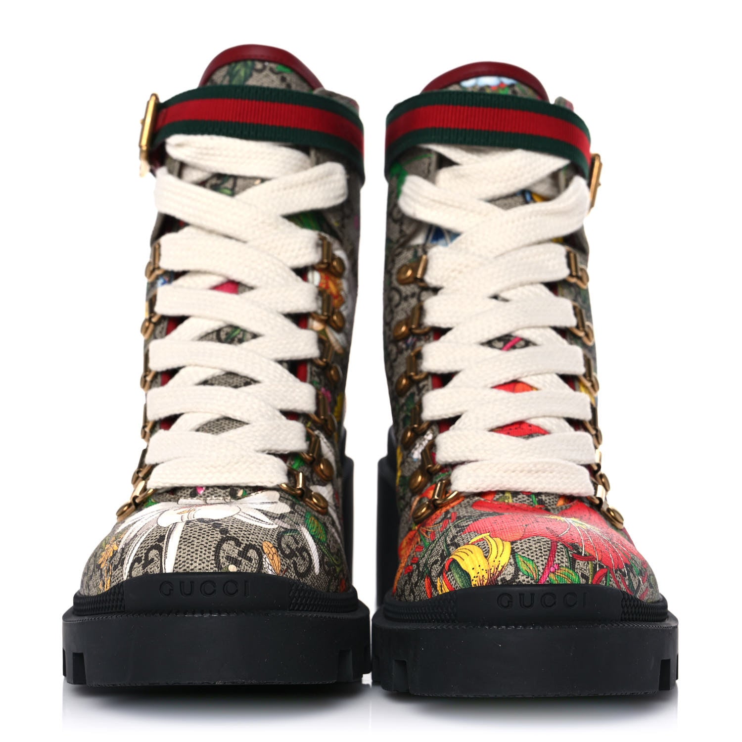 Gucci GG Supreme Monogram Flora Lace Up Combat Ankle Boots 37.5 Beige Multicolor Red 2 of 8