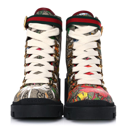Gucci GG Supreme Monogram Flora Lace Up Combat Ankle Boots 37.5 Beige Multicolor Red 2 of 8