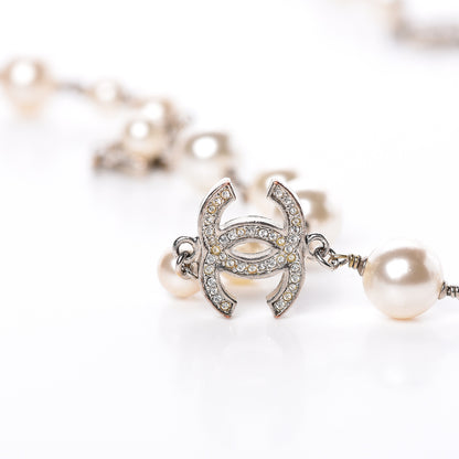 Chanel Graduated Pearl Crystal CC Long Necklace Silver 8 of 9