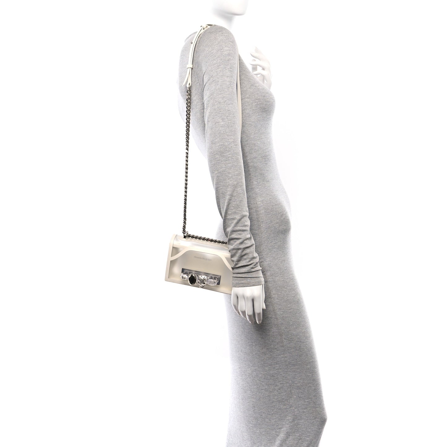 Calfskin Polyurethane Mini Jeweled Knuckle Satchel Clear White