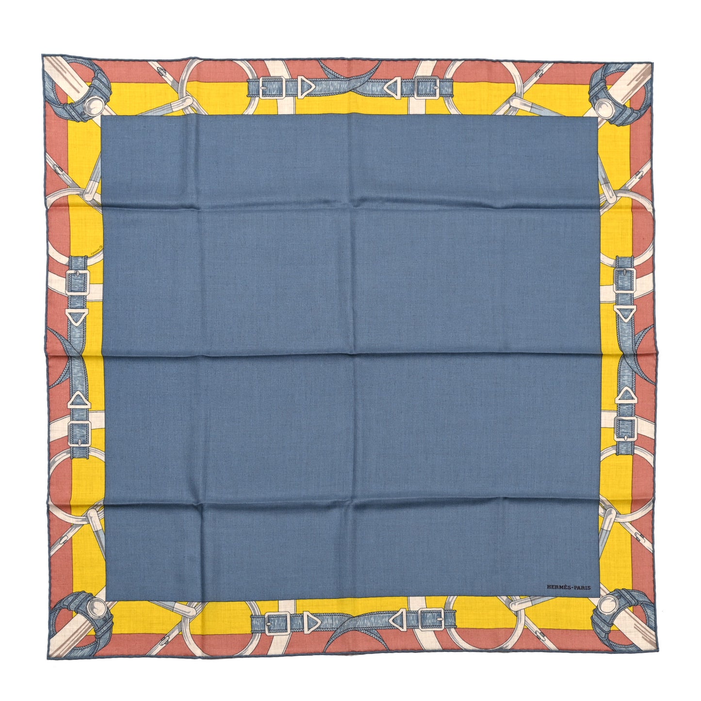 Cashmere Silk Encadre Eperon d'Or Scarf 90 Bleu Jean Jaune