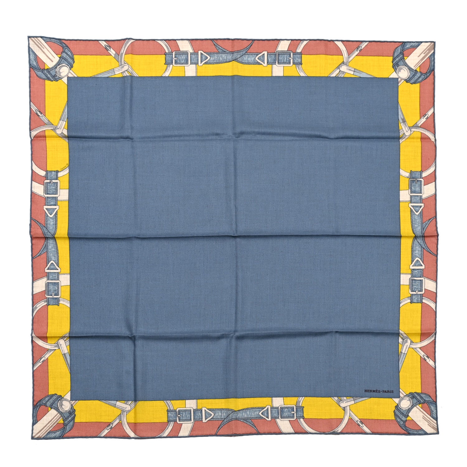 Hermes Cashmere Silk Encadre Eperon d'Or Scarf 90 Bleu Jean Jaune 1 of 4