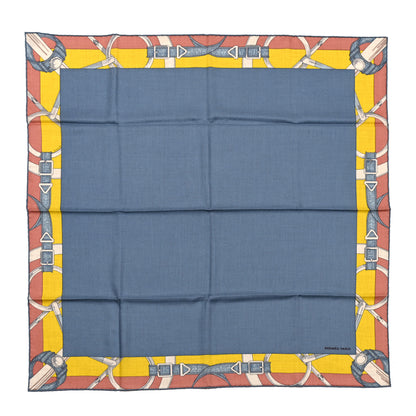 Hermes Cashmere Silk Encadre Eperon d'Or Scarf 90 Bleu Jean Jaune 1 of 4