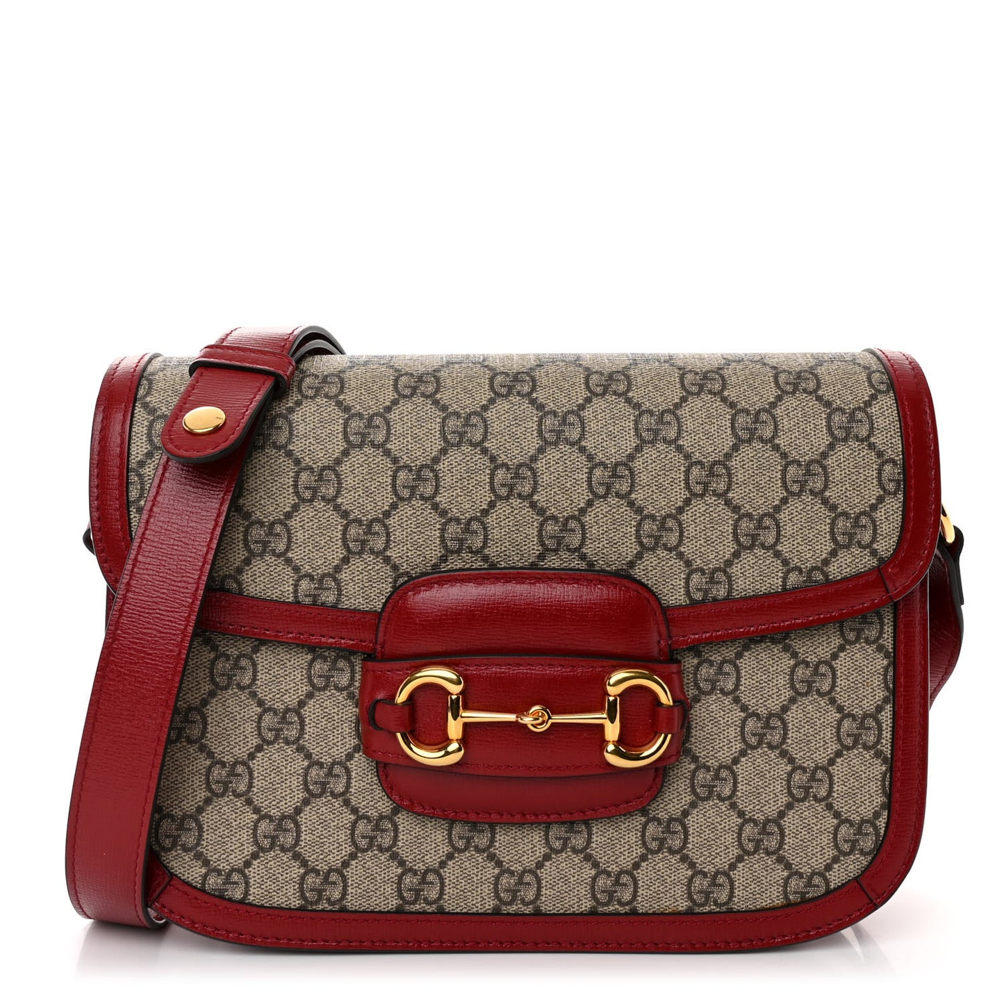 GG Supreme Monogram Azalea Calfskin Horsebit 1955 Shoulder Bag Beige Ebony New Cherry Red